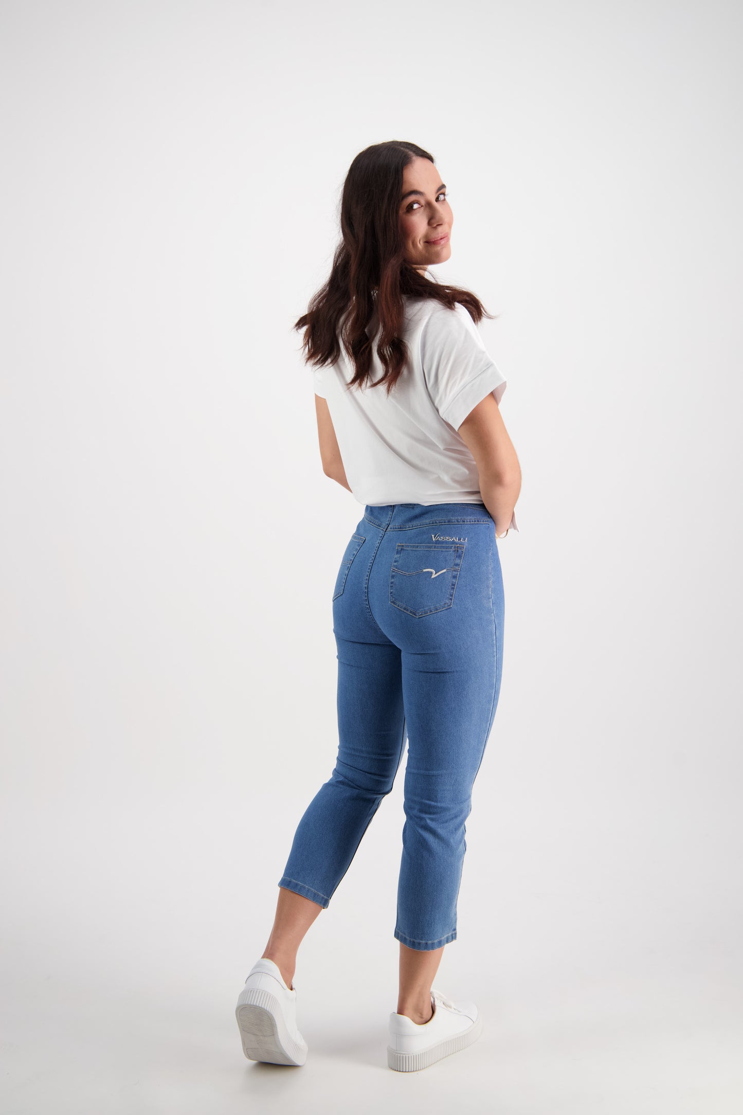 Vassalli - Skinny Leg 7/8 Length Contrast Stitch Denim Pull On Light Denim | V271CS