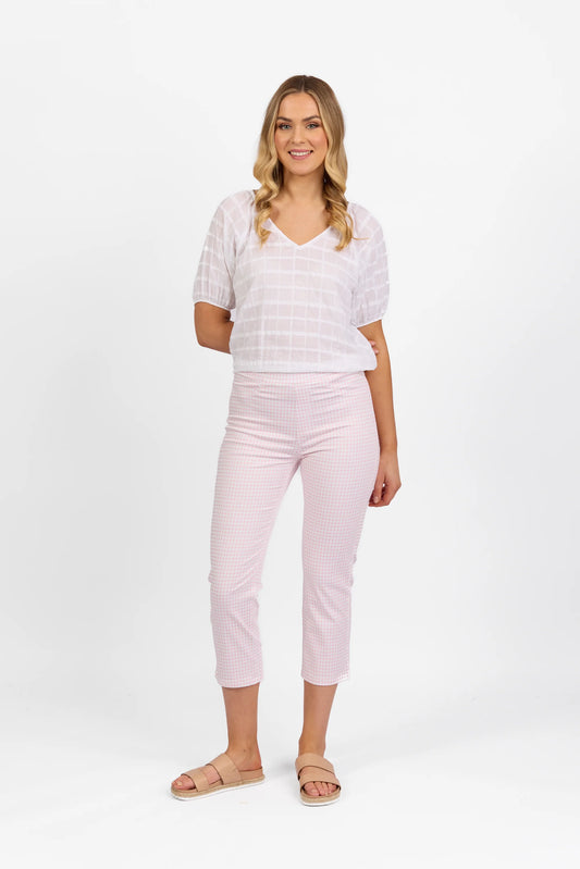 Vassalli - Printed Slim Leg 7/8 Length Pull On Pink Gingham | 274LW