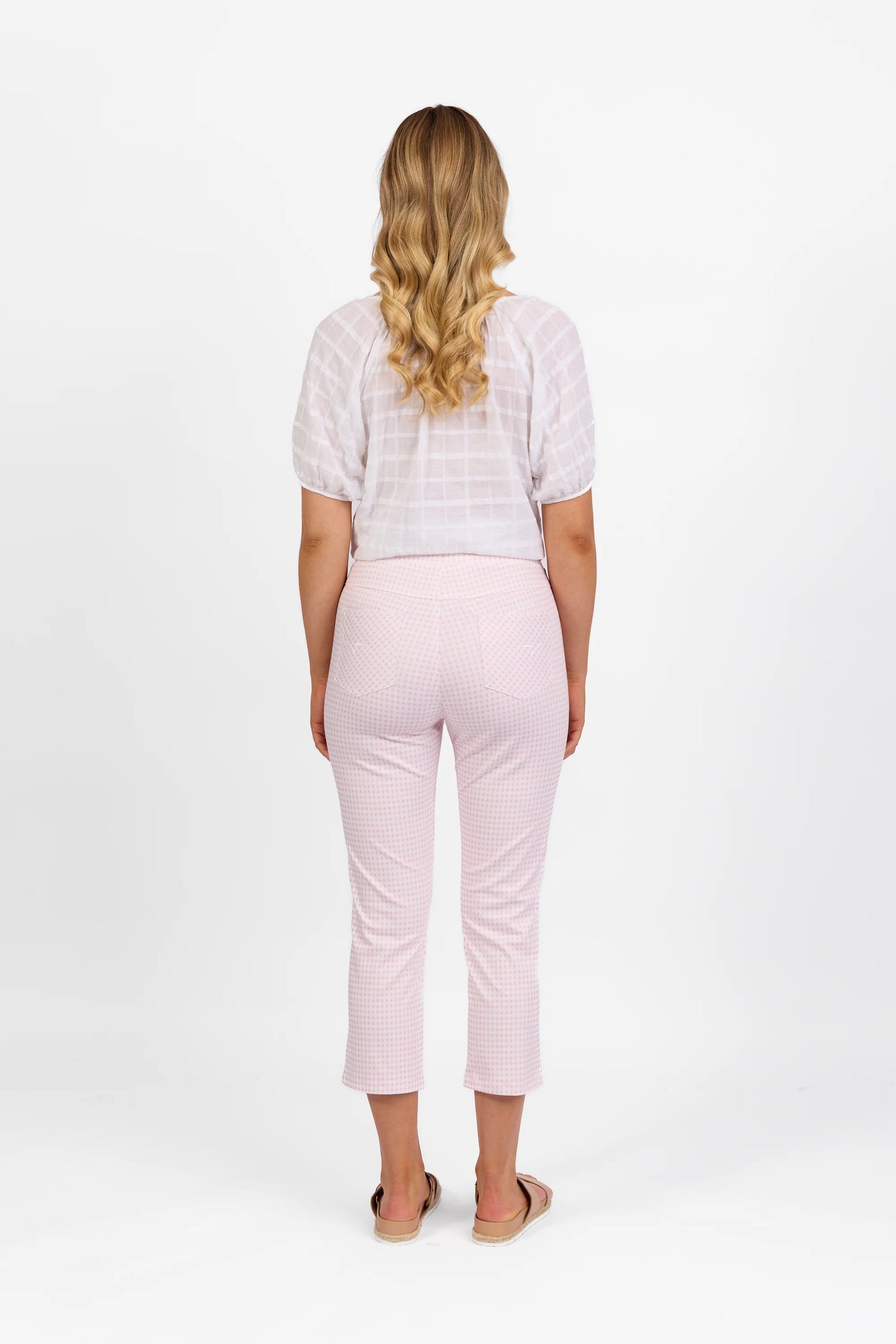 Vassalli - Printed Slim Leg 7/8 Length Pull On Pink Gingham | 274LW