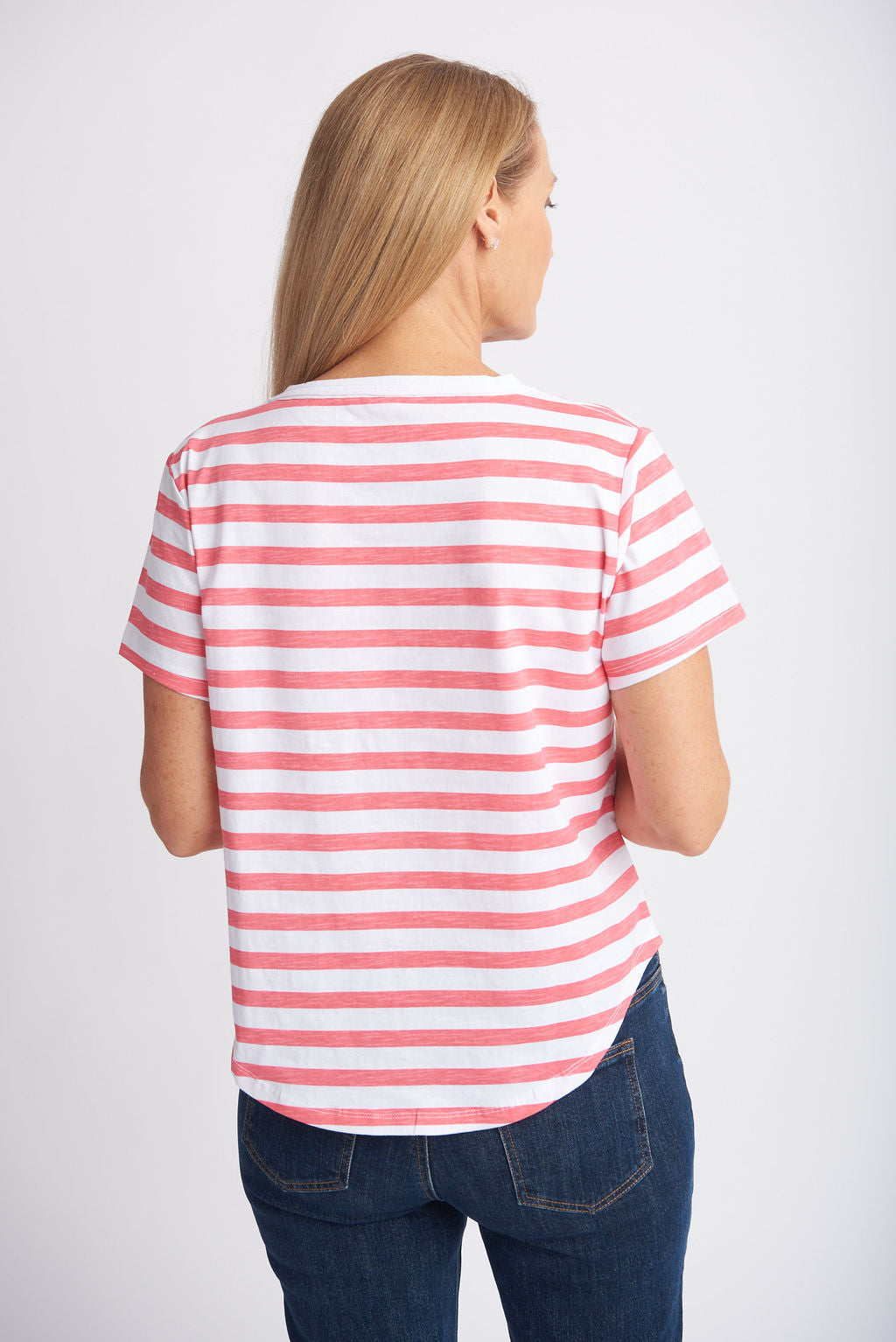 Goondiwindi Cotton - Crew Neck Stripe Tee Coral/White | G3187