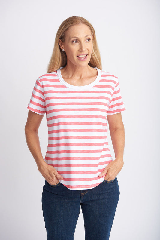 Goondiwindi Cotton - Crew Neck Stripe Tee Coral/White | G3187