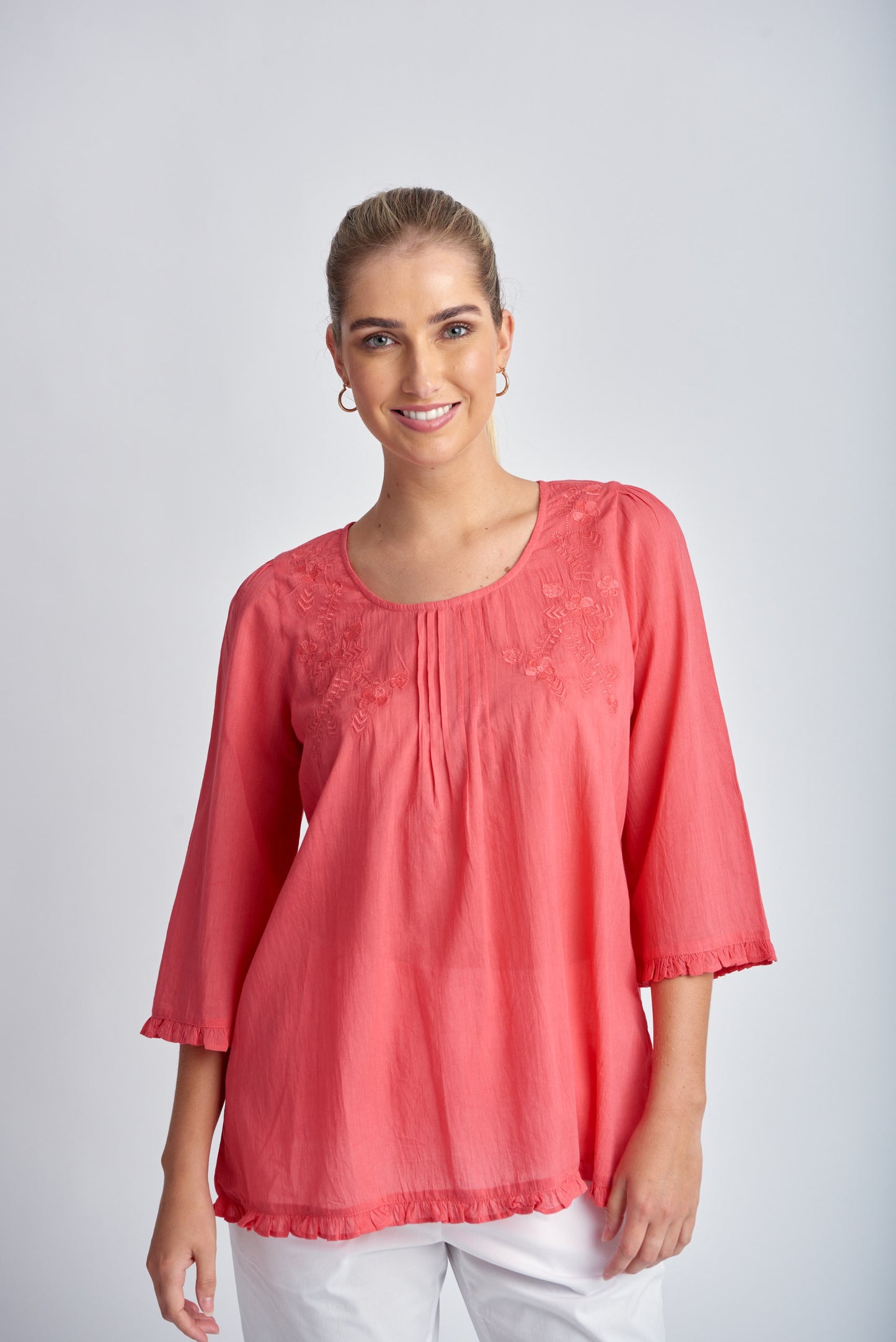 Goondiwindi Cotton - Trapeze Embroidered Top Sachet Coral | G4281