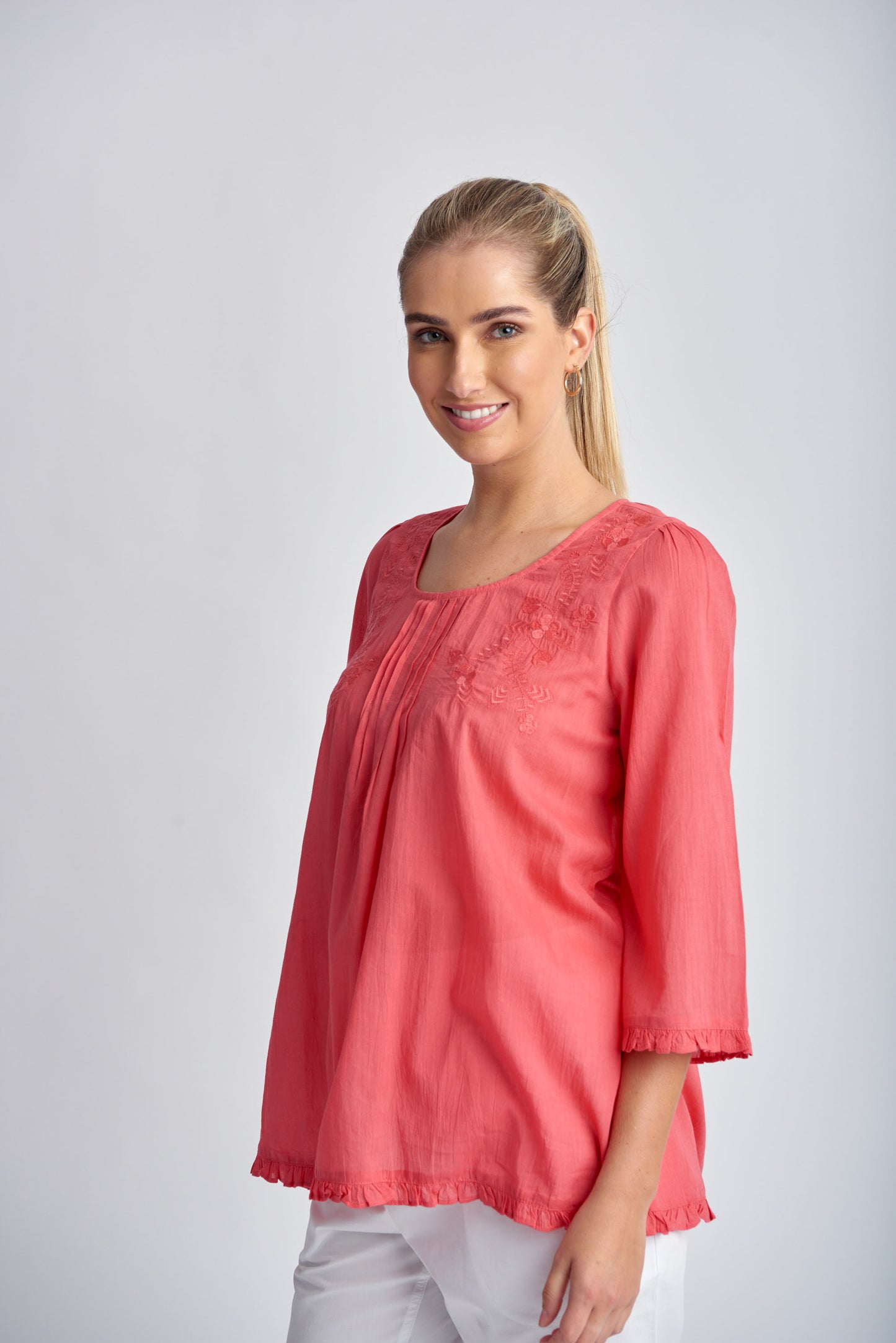 Goondiwindi Cotton - Trapeze Embroidered Top Sachet Coral | G4281