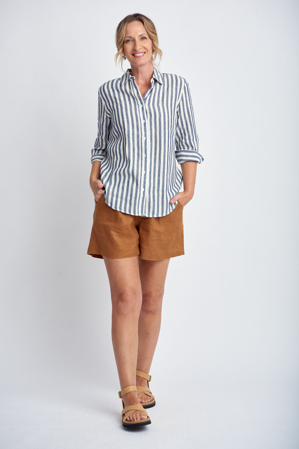 Goondiwindi Cotton - 3/4 Sleeve Stripe Shirt Navy/White | G4396