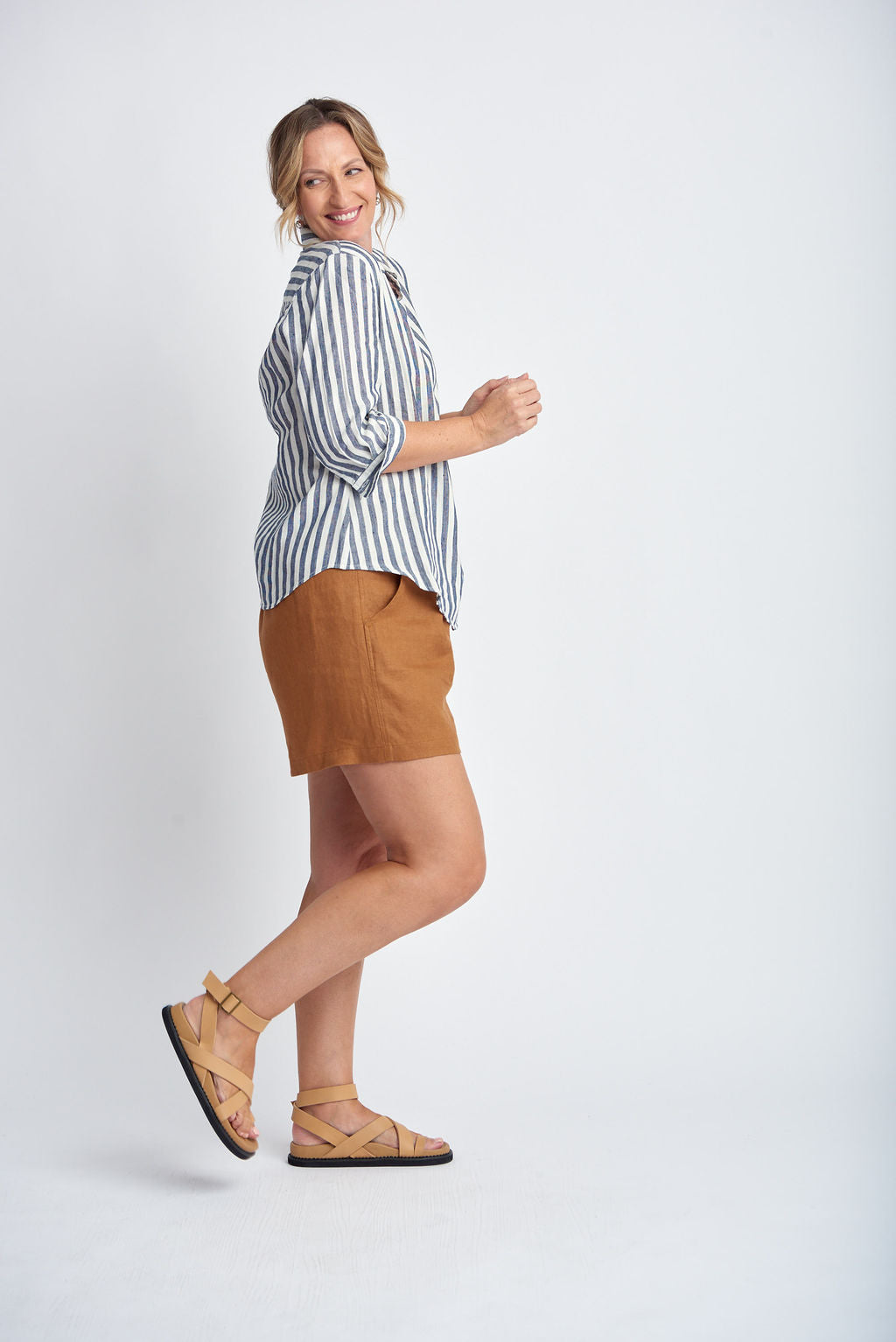 Goondiwindi Cotton - 3/4 Sleeve Stripe Shirt Navy/White | G4396