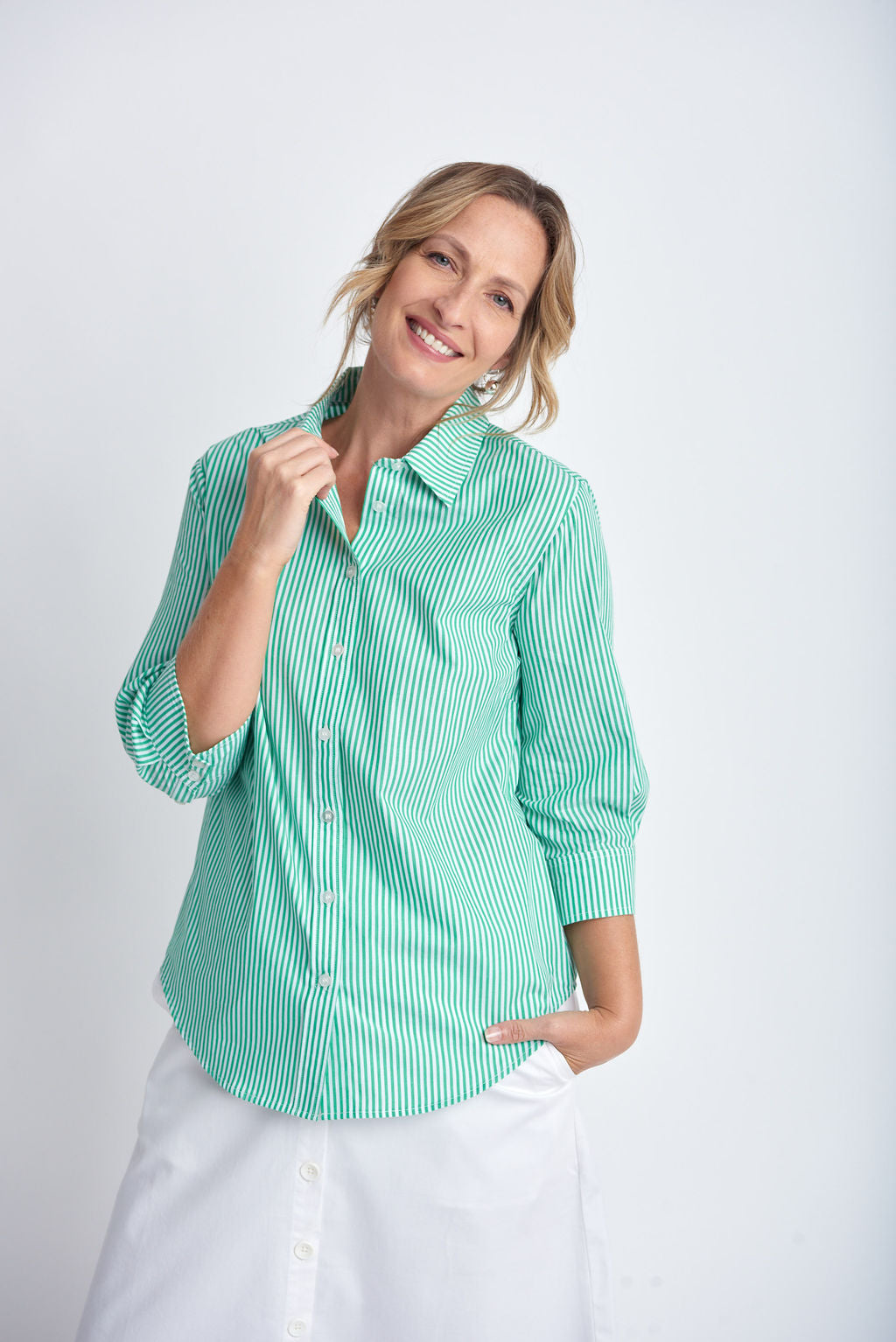 Goondiwindi Cotton - 3/4 Sleeve Stripe Shirt Green/White | G4396
