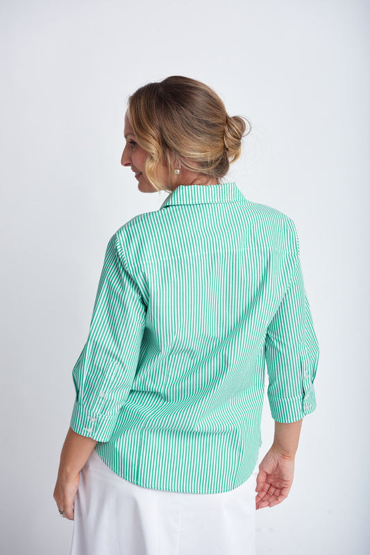 Goondiwindi Cotton - 3/4 Sleeve Stripe Shirt Green/White | G4396