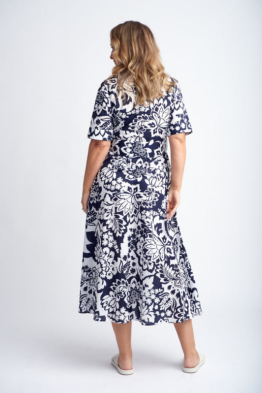 Goondiwindi Cotton - Dress with Tie Belt Navy/White Print | G6280