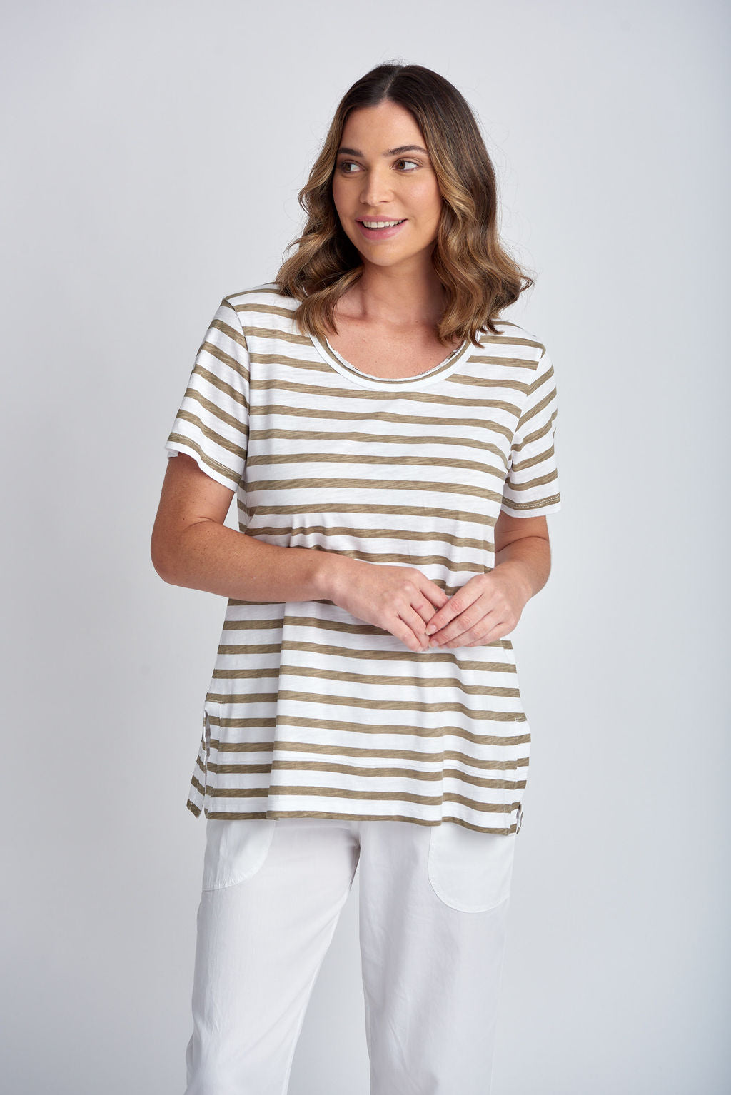 Cloth Paper Scissors - Stripe Crew Neck Tee White/Twig | CPS1386