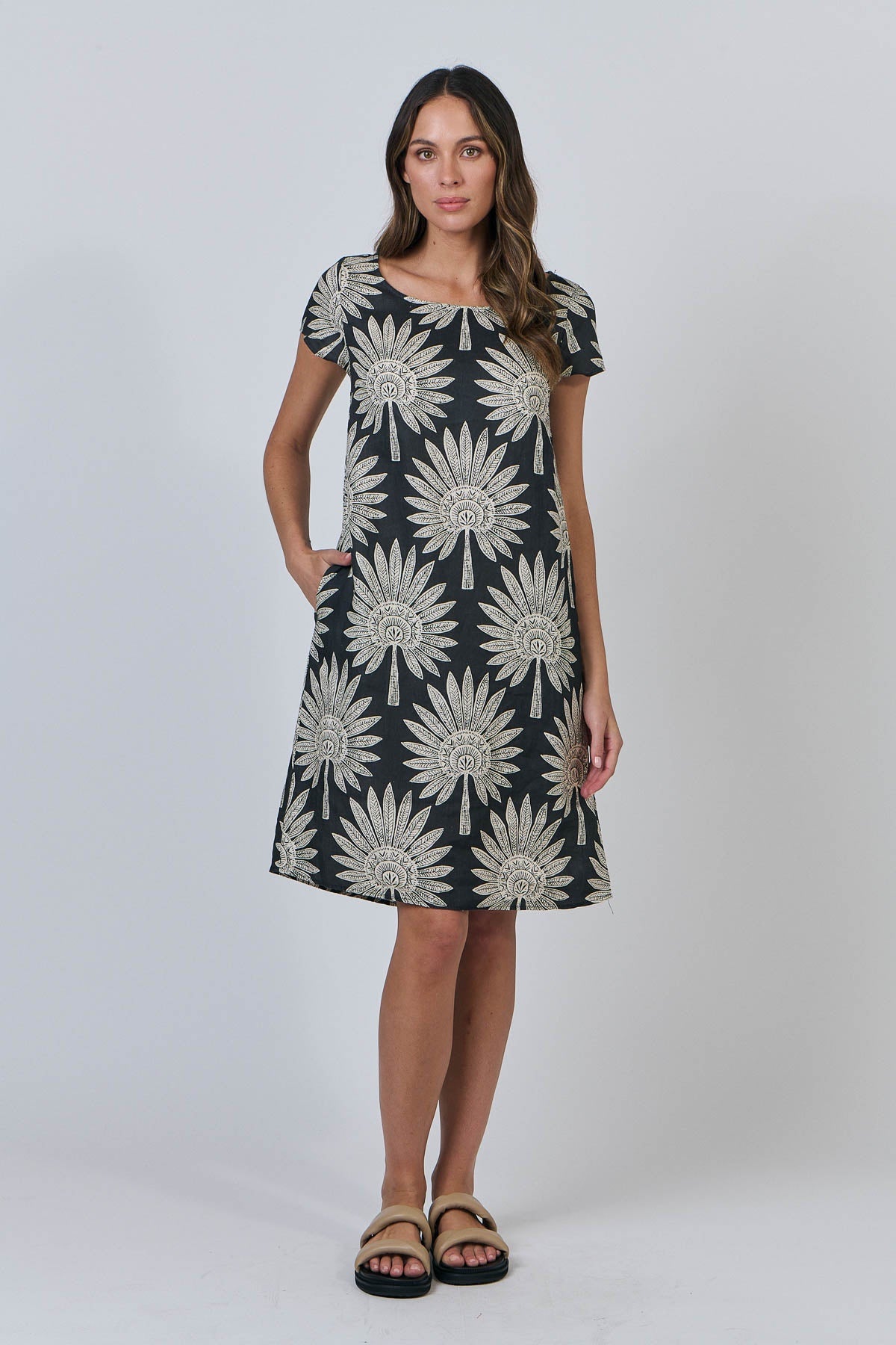 Naturals - Date Palm Print Linen Dress / GA237