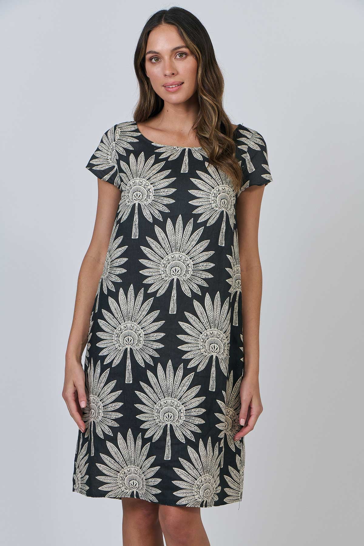 Naturals - Date Palm Print Linen Dress / GA237