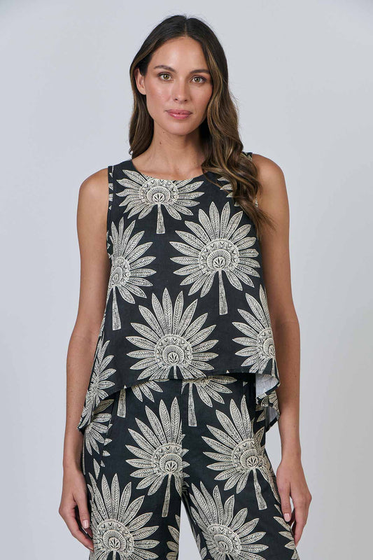 Naturals - Linen Sleeveless Palm Print Top / GA506