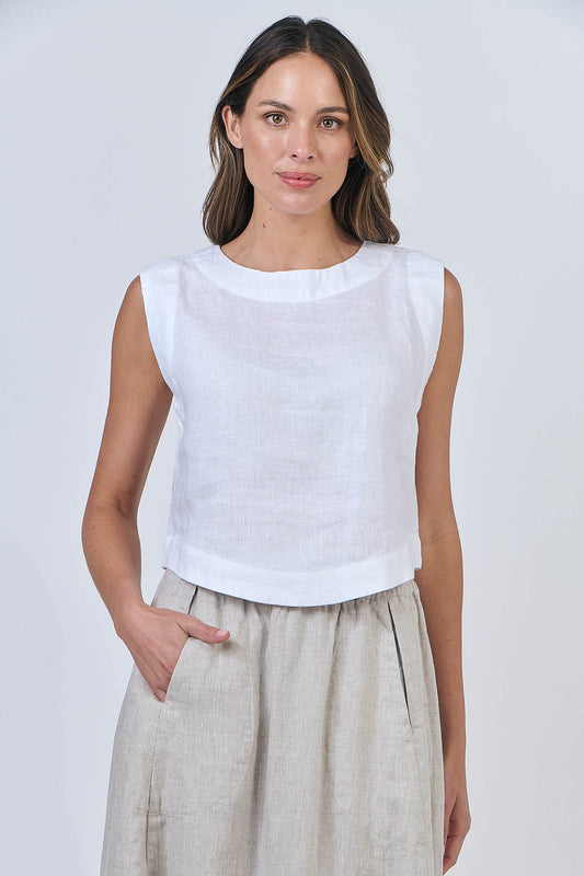 Naturals - Linen Sleeveless Round Neck Top / White GA581