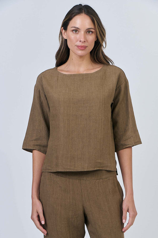 Naturals – Soft Linen Pullover Top / Tobacco GA584