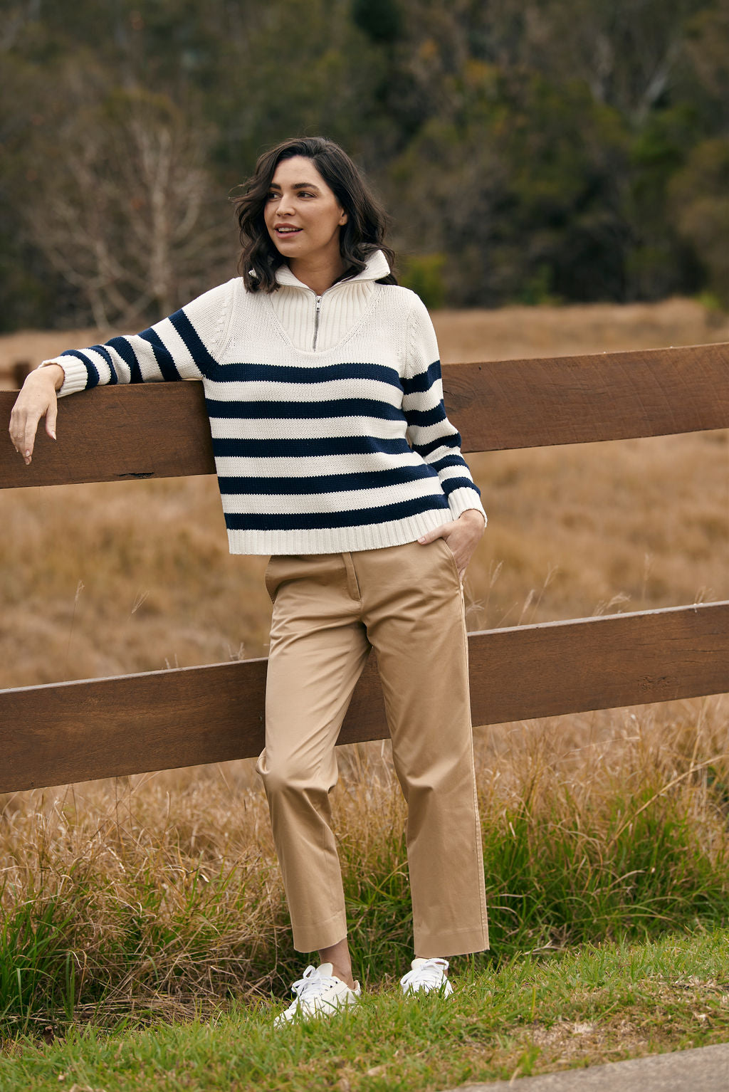 Goondiwindi Cotton - Stripe Zip Jumper Winter White/Navy | G8209