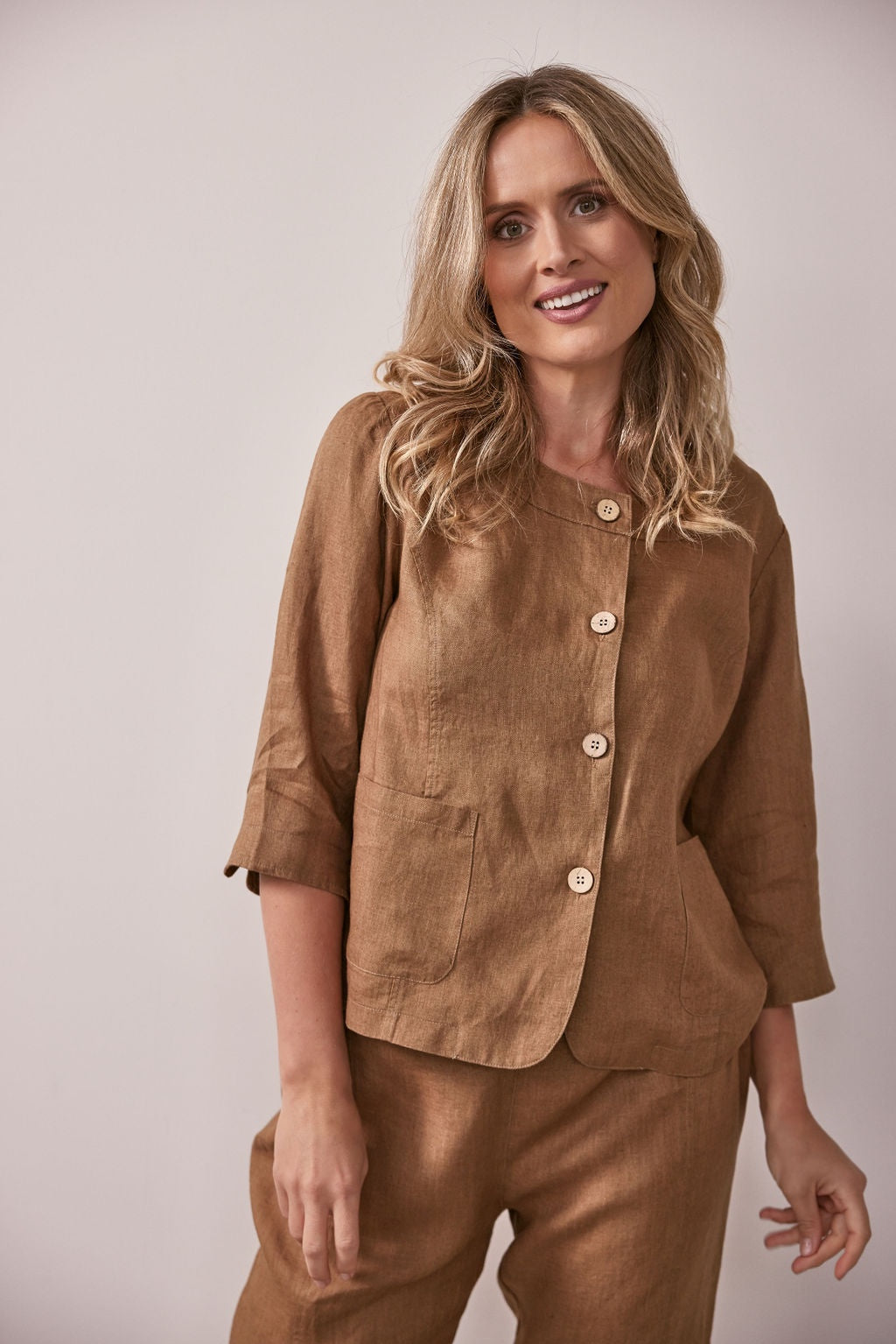 See Saw - 100% Linen 3/4 SL Utility Jacket Toffee | SS28T