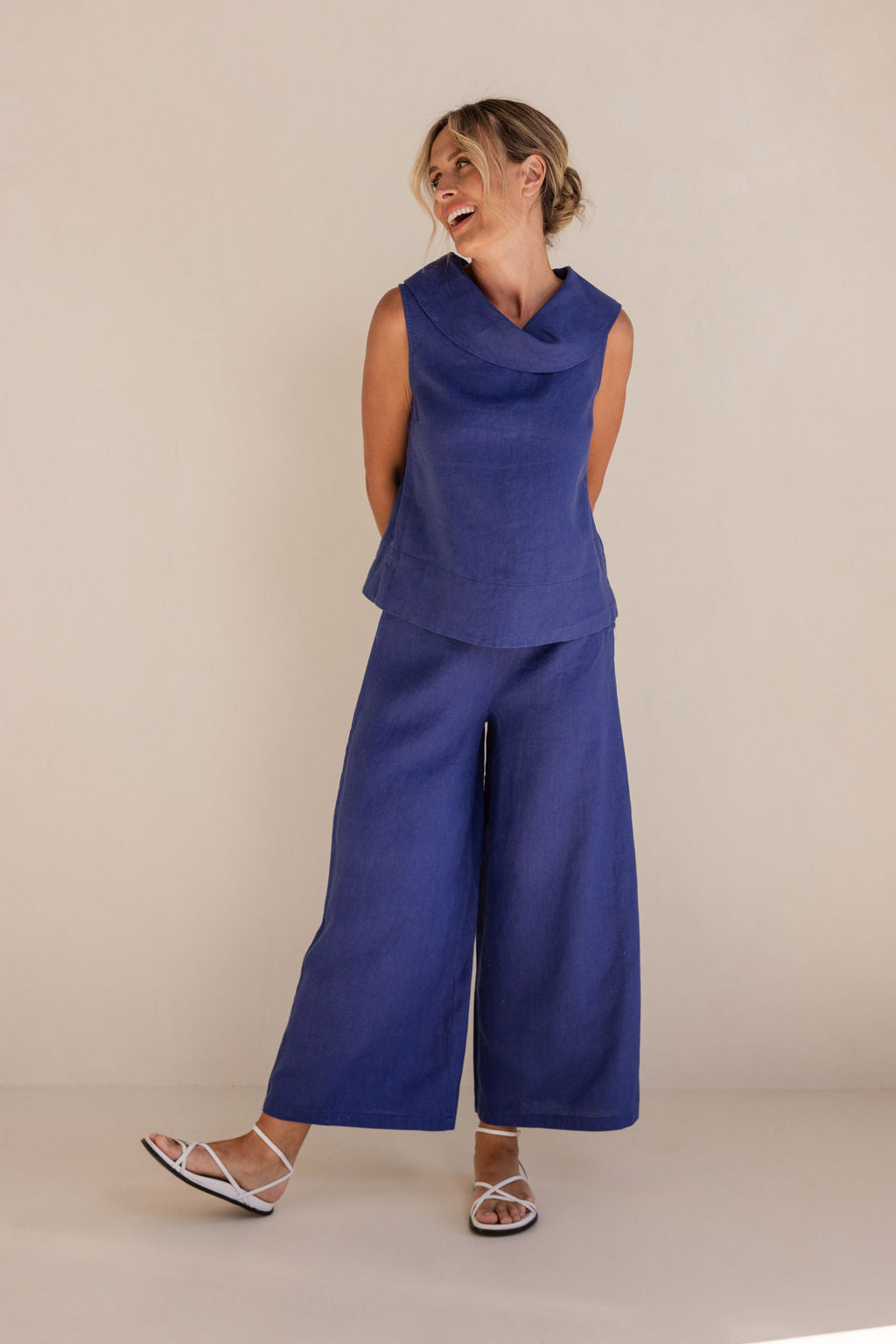 See Saw - 100% Linen Btn Back Cowl Nk Top SS323D