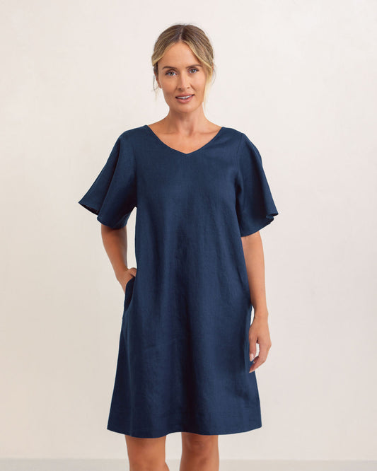 See Saw - 100% Linen V Nk Flutter SL Dress SS344