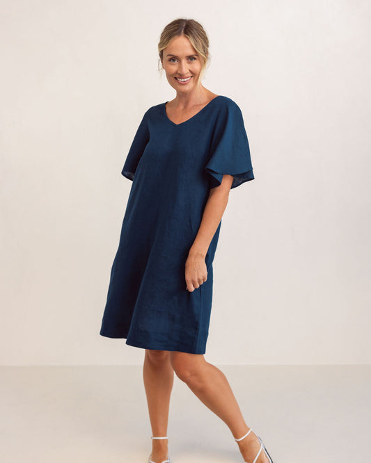 See Saw - 100% Linen V Nk Flutter SL Dress SS344