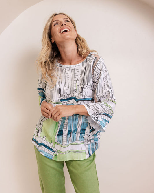 See Saw - 100% Linen 3/4 Sleeve Curved Hem Top / SS391