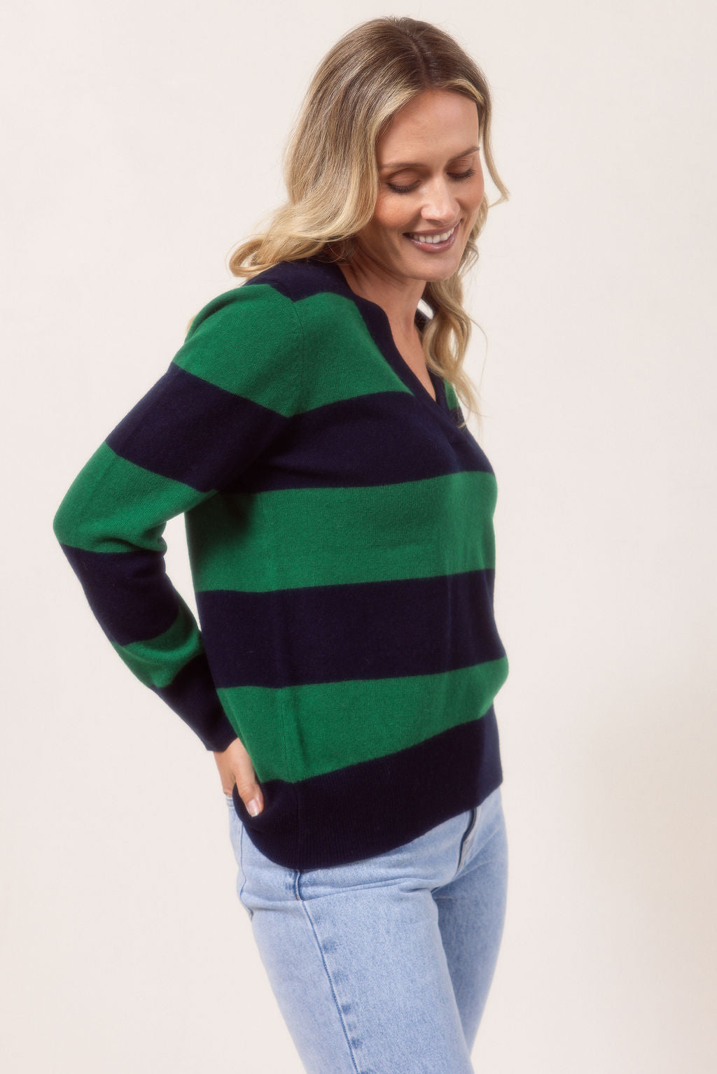See Saw - 100% Merino Wool V Neck Stripe Sweater / SS647N