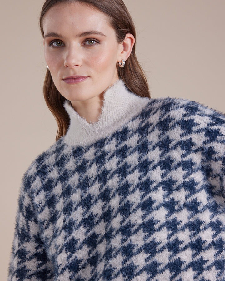 Marco Polo - L/S Houndstooth Sweater Sweater Petrol - YTMW43549