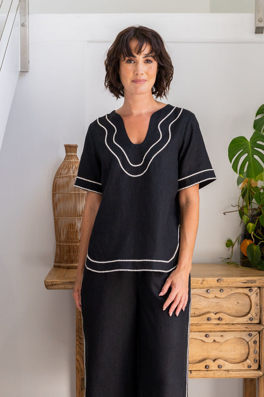 See Saw - 100% Linen Embroidery Top SS366