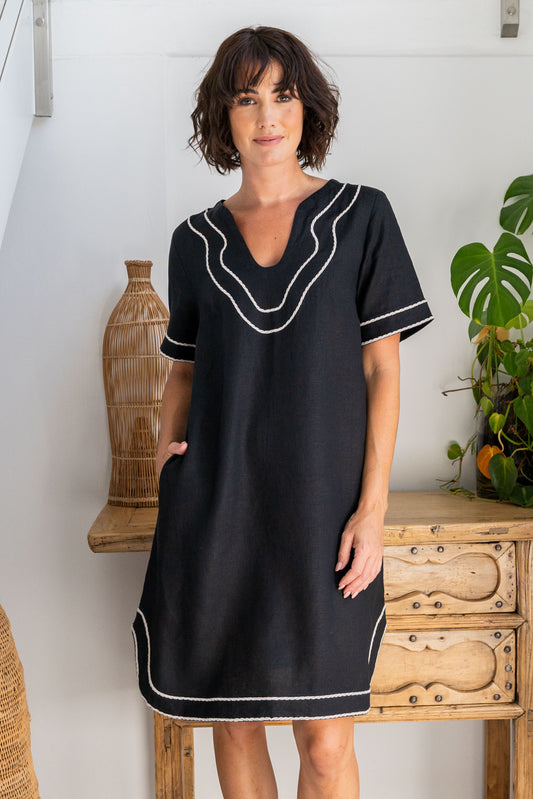 See Saw - 100% Linen Embroidery Trim Dress SS367