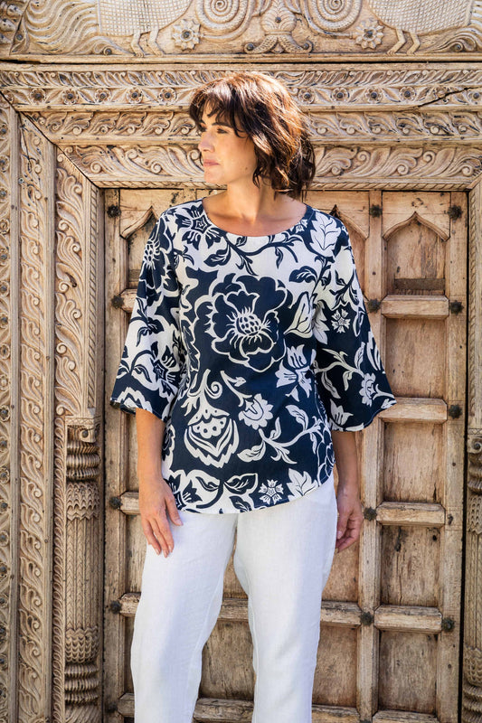 See Saw - 100% Linen ¾ Sleeve Boat Neck Top SS414N