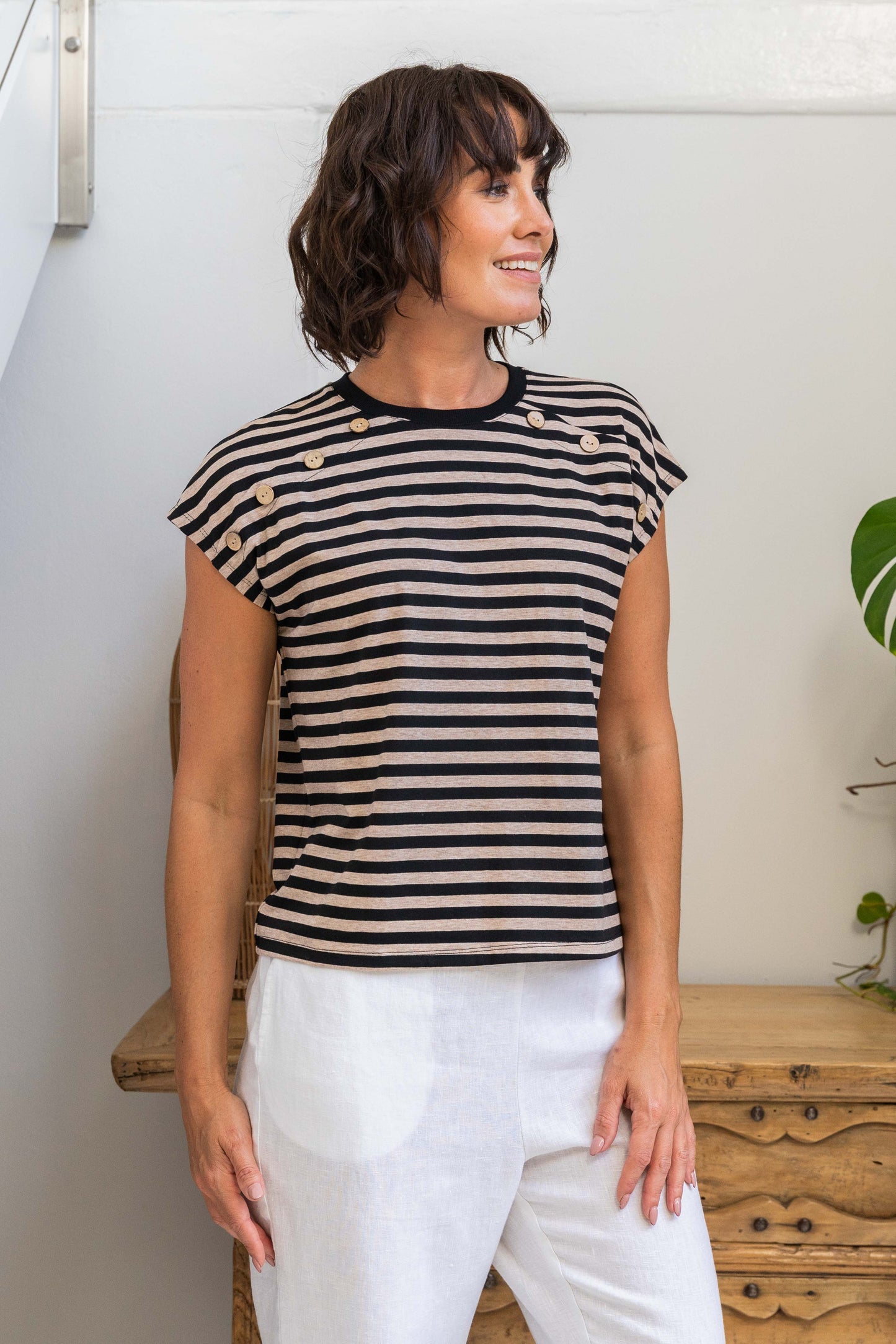 See Saw - Cotton Btn Detail Cap Sleeve Top SS562