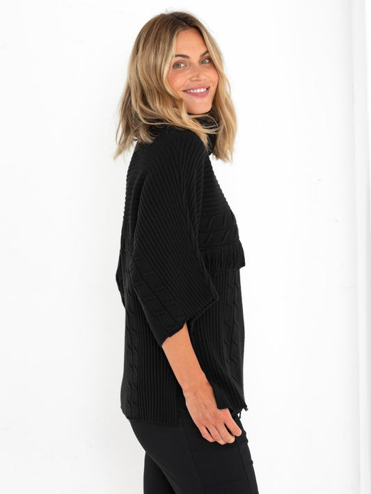 3/4 SLEEVE FRINGE SWEATER