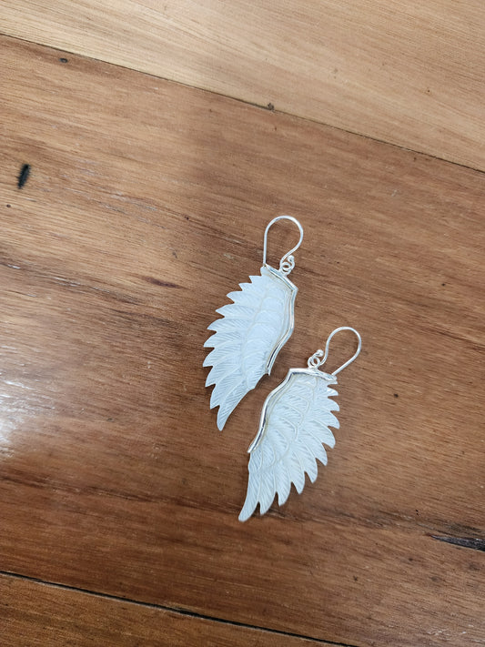 TMOVJ - Hand Carved Mother of Pearl Angel Wings Earrings