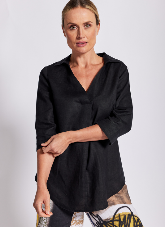 See Saw - 100% Linen Popover Collared Tunic Black | SS21B