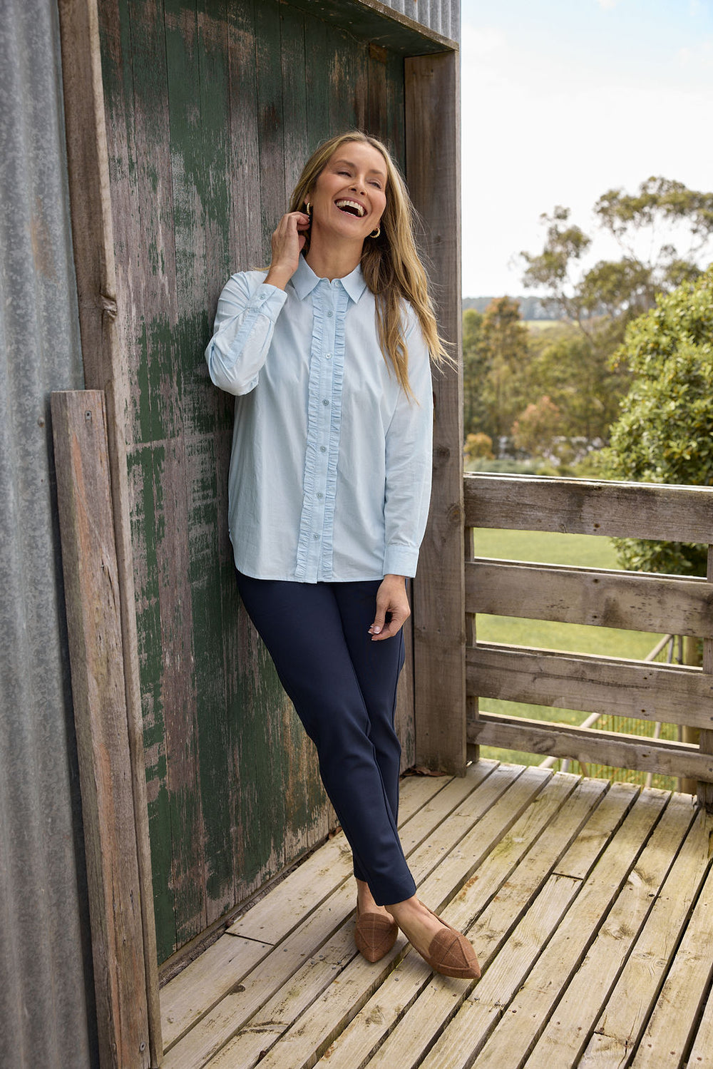 Goondiwindi Cotton - Pearl Ruffle Cotton Shirt - Skyride Blue | 4453-W26