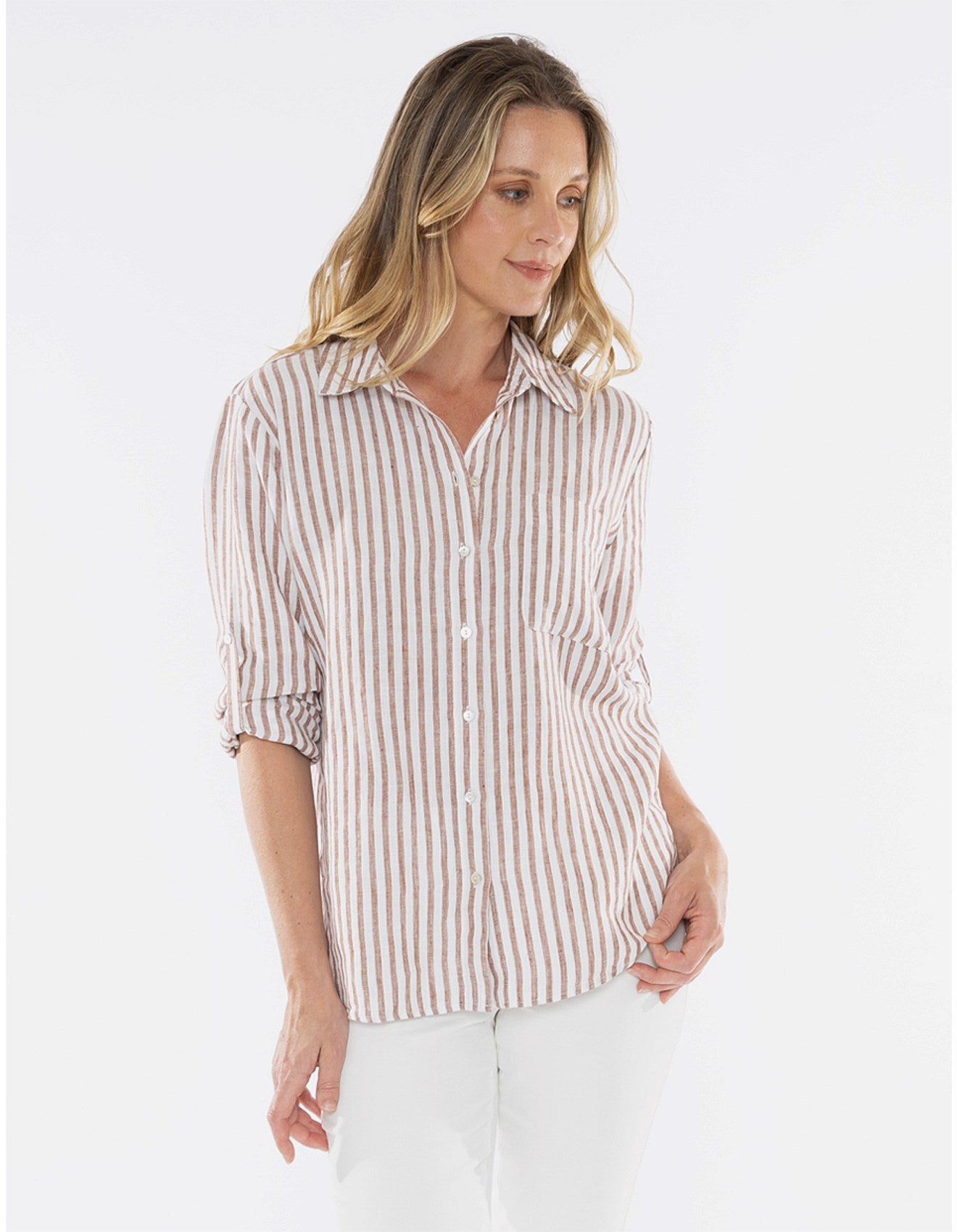 Jump - Stripe Linen Shirt Nutshell/White | J3149A