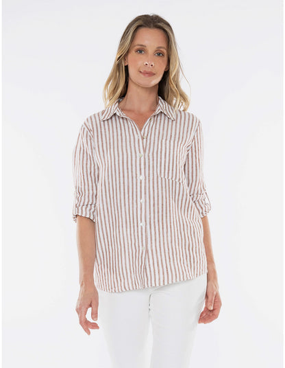 Jump - Stripe Linen Shirt Nutshell/White | J3149A