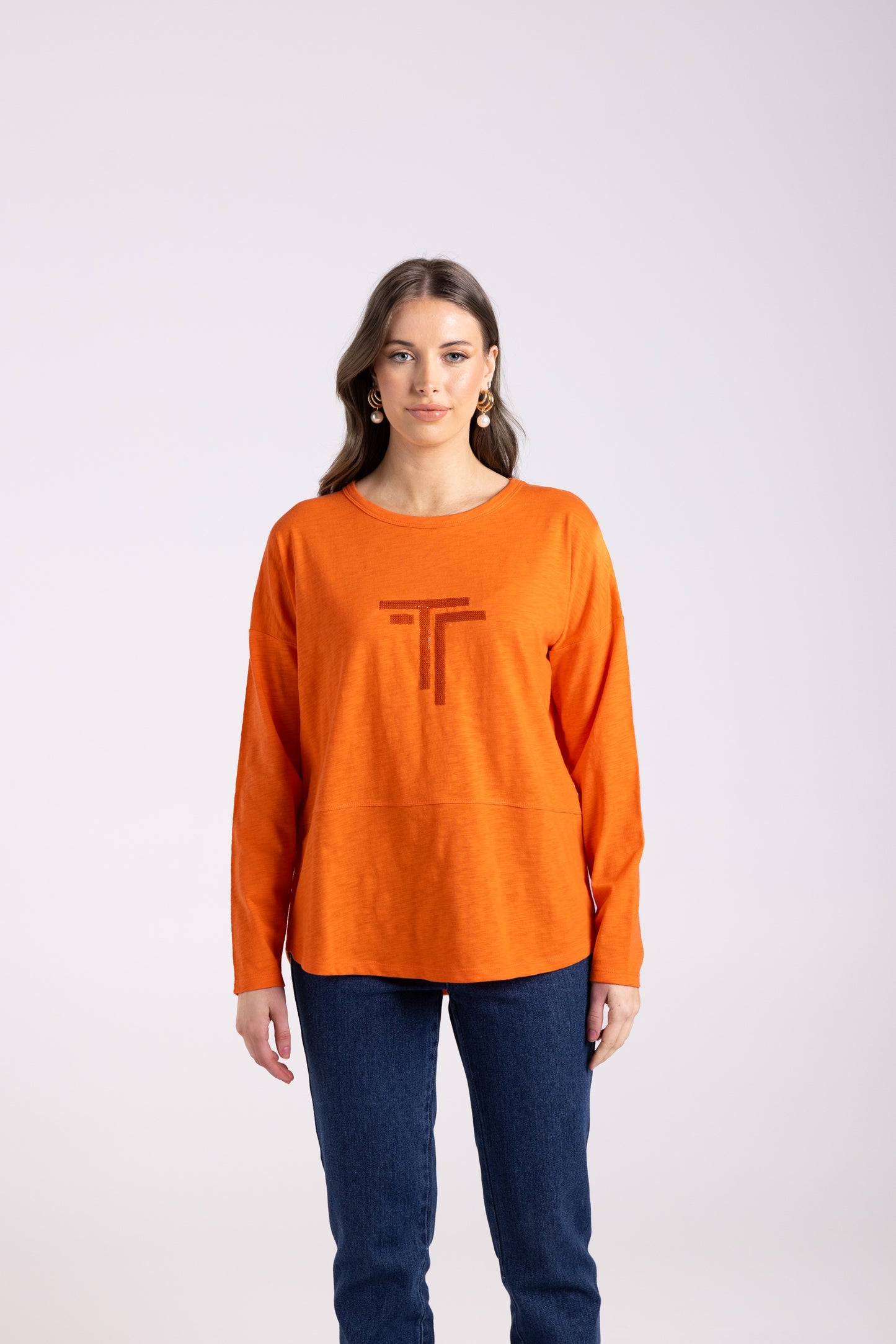 Two T's - Logo Sequin Crew L/Slv Top | Tangerine 3025