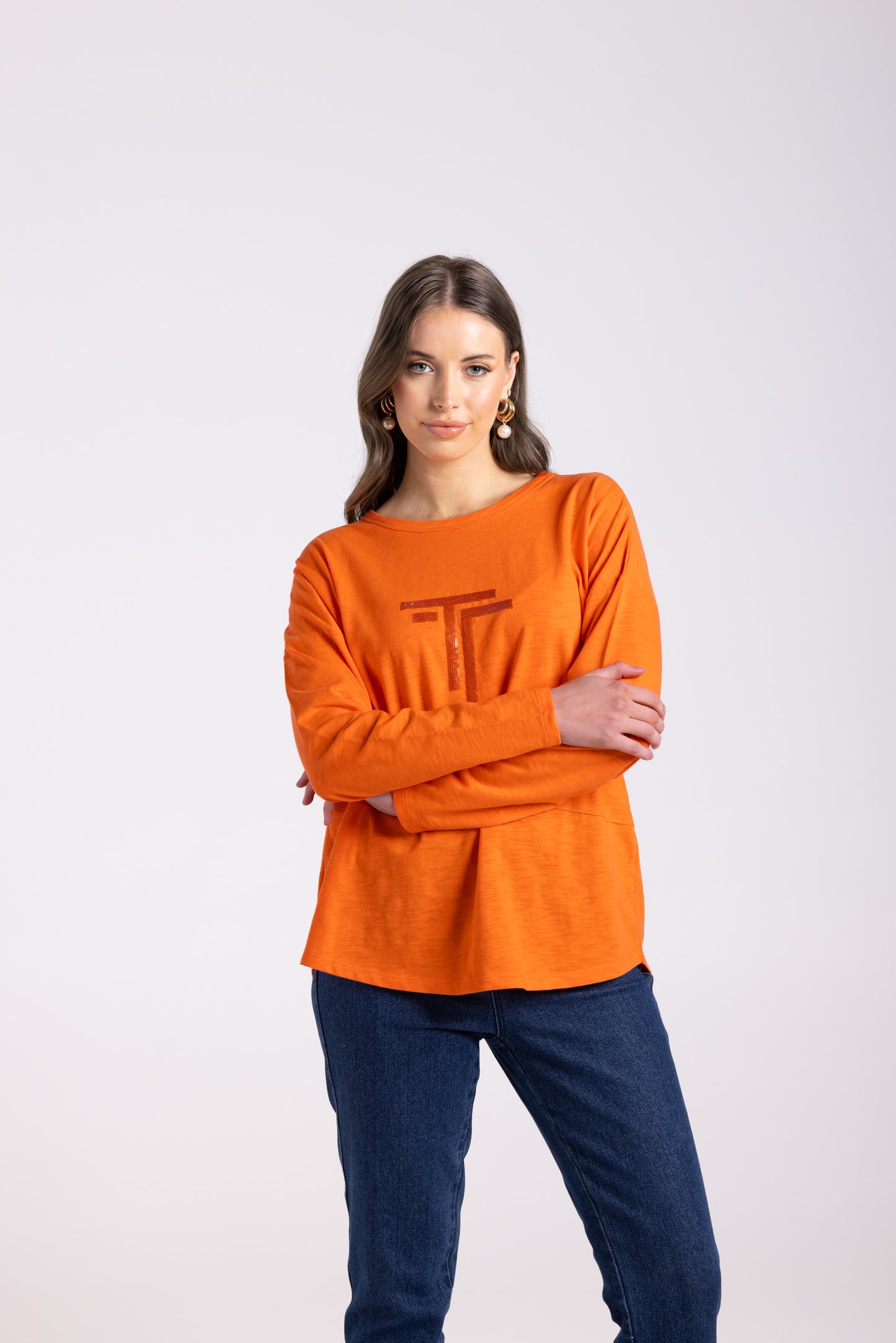 Two T's - Logo Sequin Crew L/Slv Top | Tangerine 3025