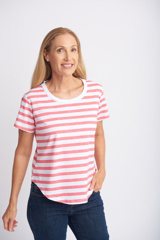 Goondiwindi Cotton - Crew Neck Stripe Tee Coral/White | G3187