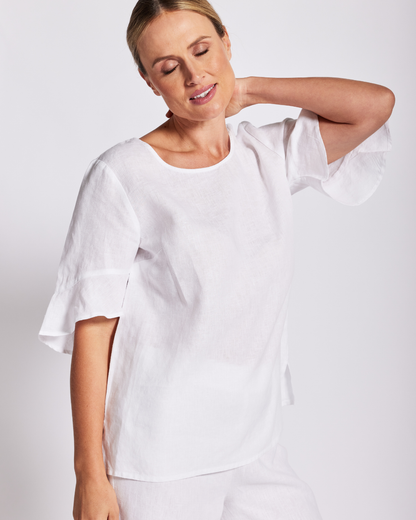 See Saw - 100% Linen Flutter Sleeve Top White | SS16W