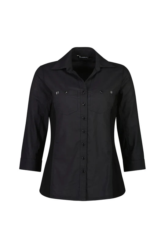 Vassalli - Button Up Shirt With Rib Panels - Black 4032