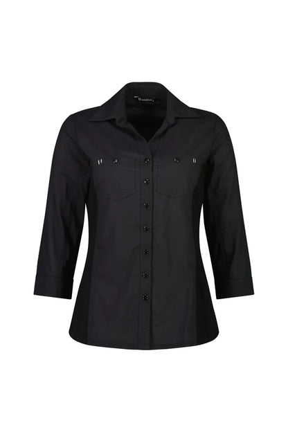 Vassalli - Button Up Shirt With Rib Panels - Black 4032