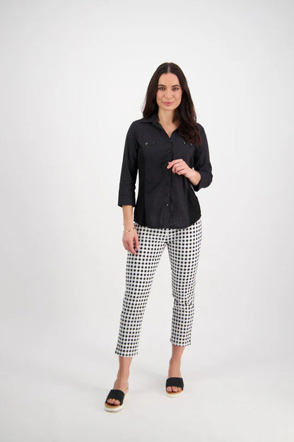 Vassalli - Button Up Shirt With Rib Panels - Black 4032