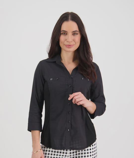 Vassalli - Button Up Shirt With Rib Panels - Black 4032