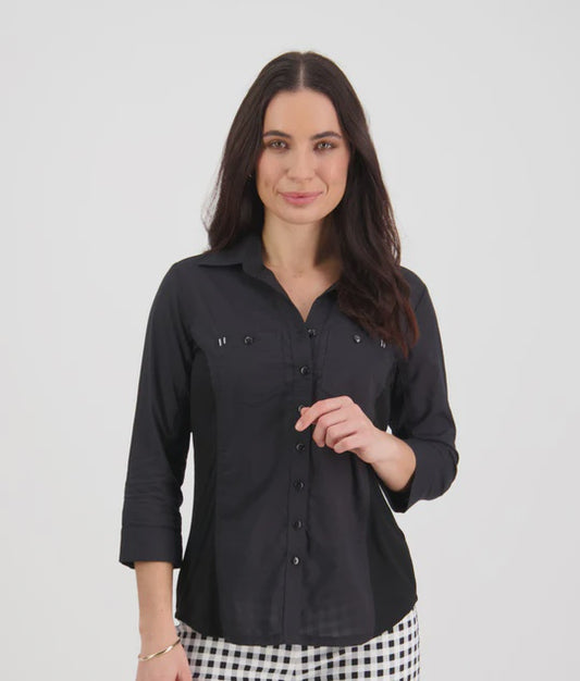 Vassalli - Button Up Shirt With Rib Panels - Black 4032