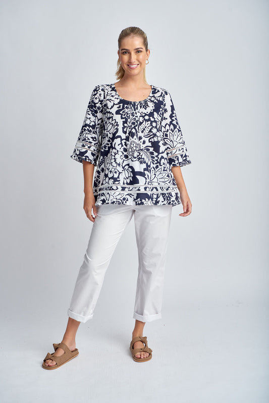 Goondiwindi Cotton - Trapeze Lace Shirt Navy/White Print | G4281