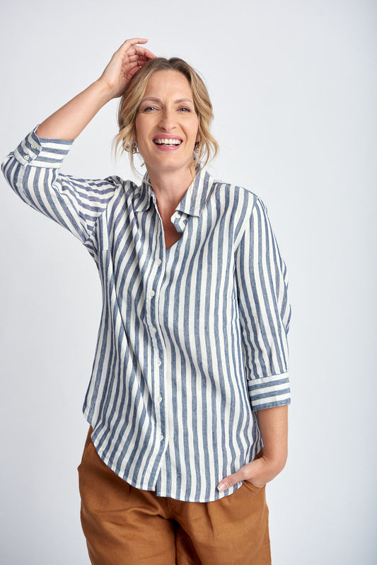 Goondiwindi Cotton - 3/4 Sleeve Stripe Shirt Navy/White | G4396