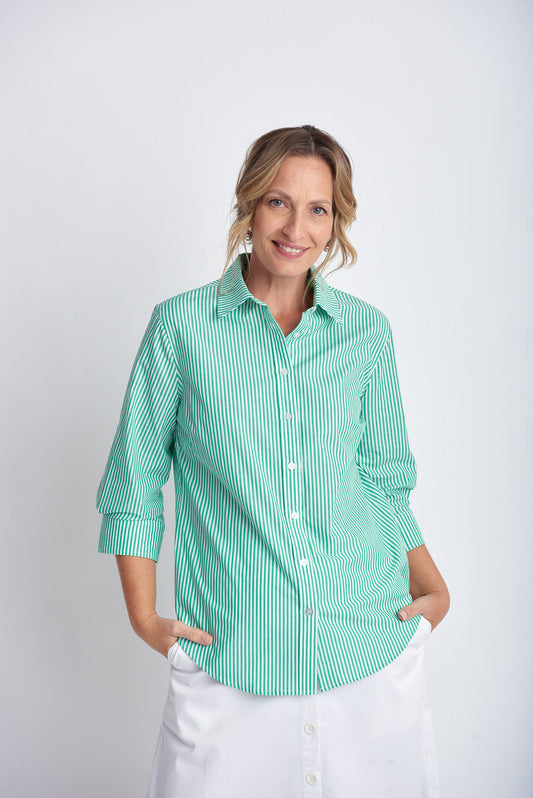 Goondiwindi Cotton - 3/4 Sleeve Stripe Shirt Green/White | G4396