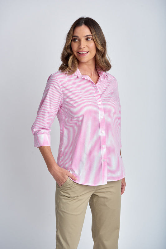 Goondiwindi Cotton - 3/4 Sleeve Stripe Shirt Pink/White | G4396