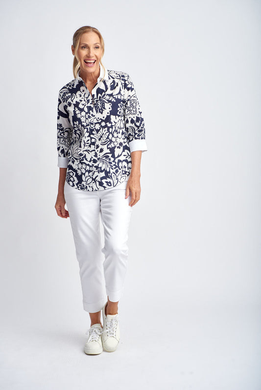 Goondiwindi Cotton - 3/4 Sleeve Shirt Navy/White Print | G4422